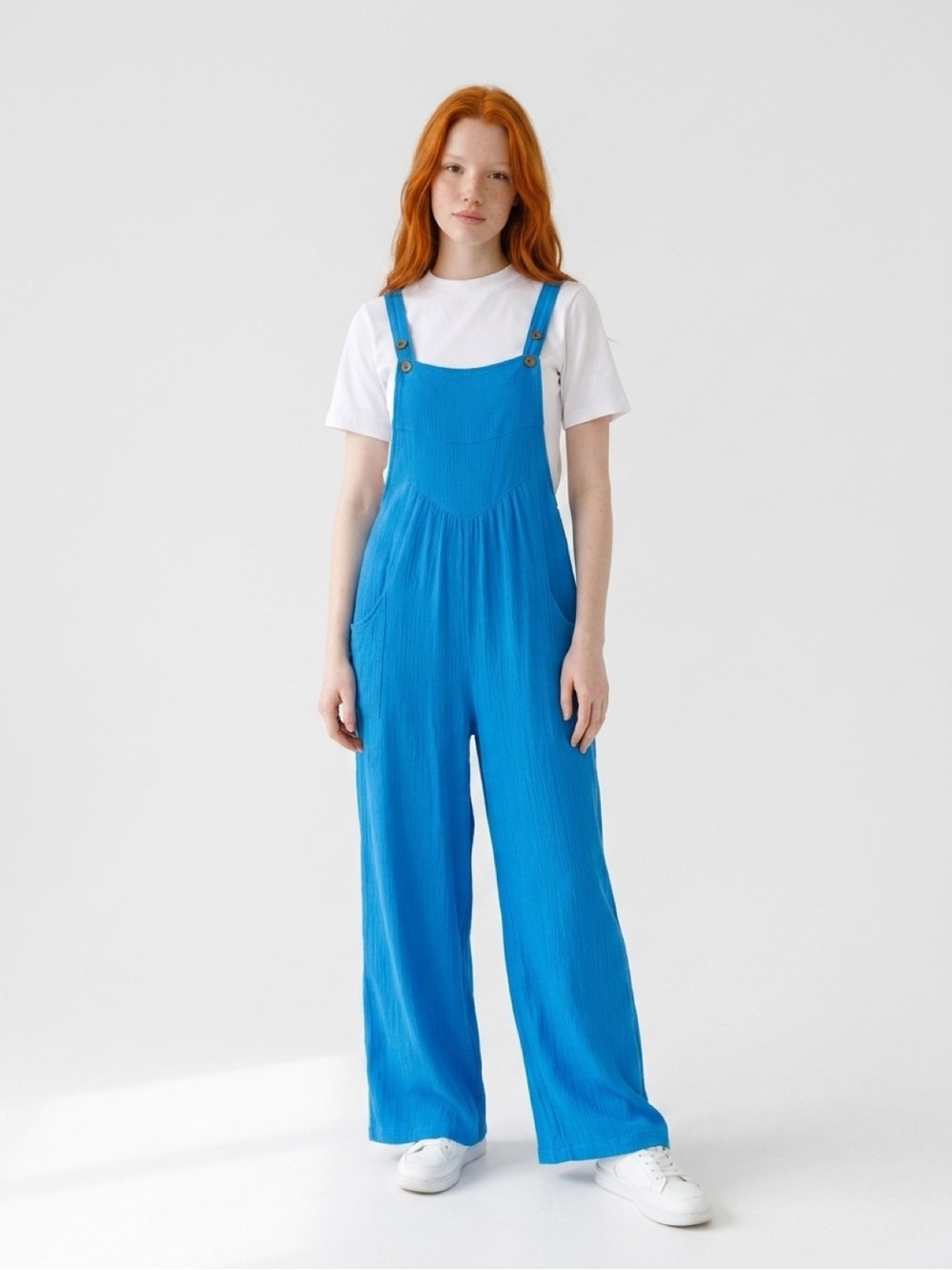 Lightweight Blue Wide-Leg Jumpsuit with Adjustable Straps